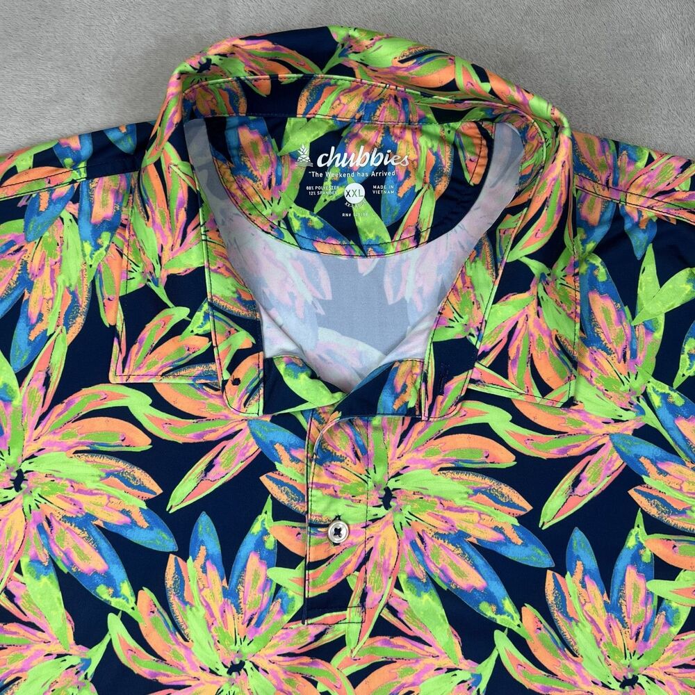 Chubbies Floral Leaf Print Polo Shirt XXL Navy Blue Neon Green Spandex